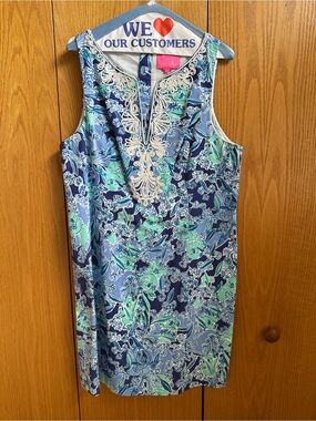 Lilly Pulitzer Navy & Mint Floral Sleeveless Shift with Cream Lace